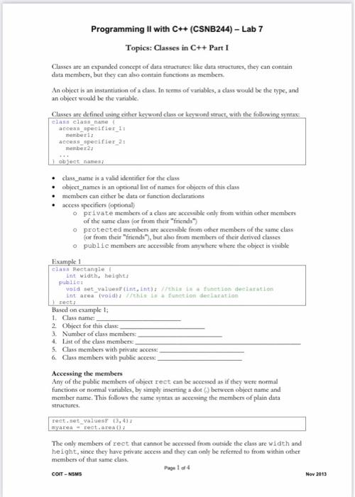 Solved Programming II with C++ (CSNB244) - Lab 7 Topics: | Chegg.com