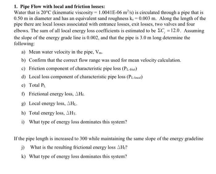 1. Pipe Flow With Local And Friction Losses: Water | Chegg.com