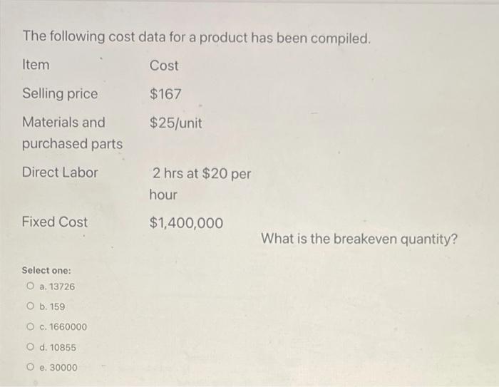 Solved The following cost data for a product has been | Chegg.com