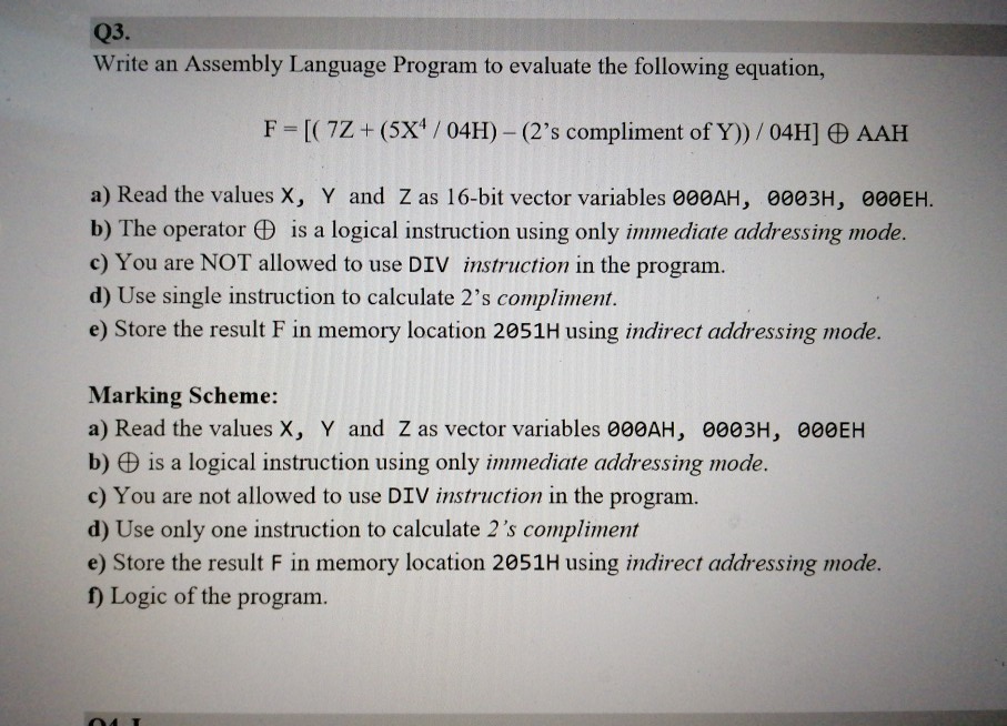 Solved Q3. Write an Assembly Language Program to evaluate | Chegg.com