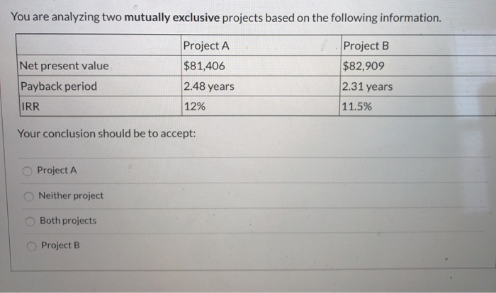 Solved You are analyzing two mutually exclusive projects | Chegg.com