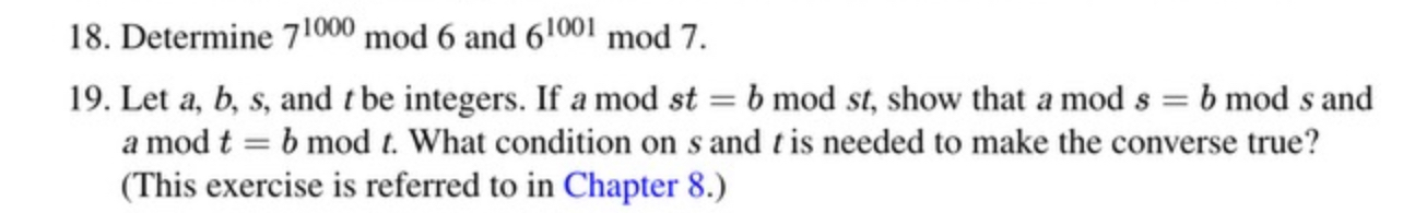 Solved Determine 71000mod6 ﻿and 61001mod7.Let a,b,s, ﻿and t | Chegg.com