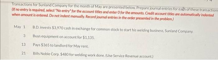 Solved Transactions for Sunland Company for the month of May | Chegg.com