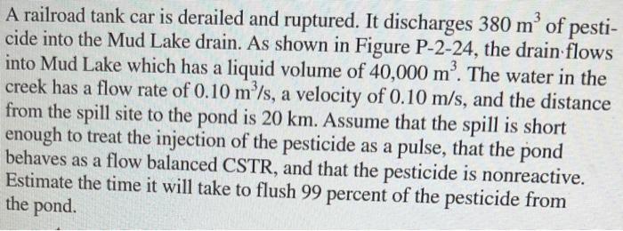 A railroad tank car is derailed and ruptured. It discharges \( 380 \mathrm{~m}^{3} \) of pesticide into the Mud Lake drain. A