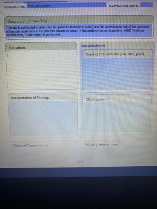 PROCEDURE NAME Type and screens REVIEW MODULE CHAPTER Description of Procedura This test is performed to determine the patien