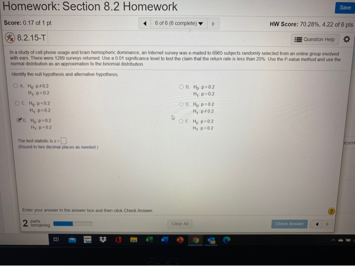 Solved Homework: Section 8.2 Homework Save Score: 0.17 of 1 | Chegg.com