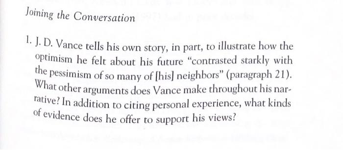 Joining The Conversation 1. J. D. Vance Tells His Own | Chegg.com