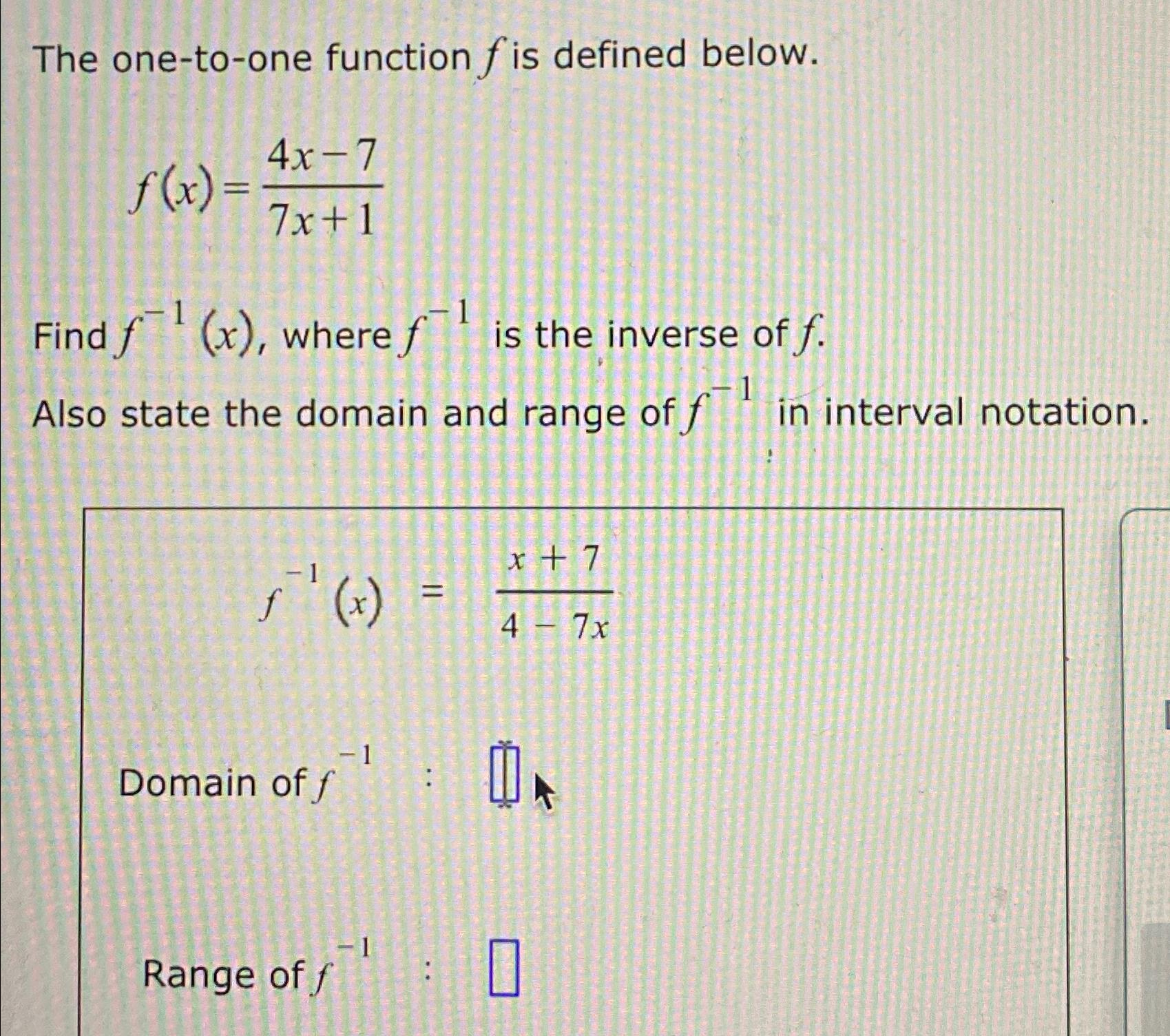 Solved The one-to-one function f ﻿is defined | Chegg.com