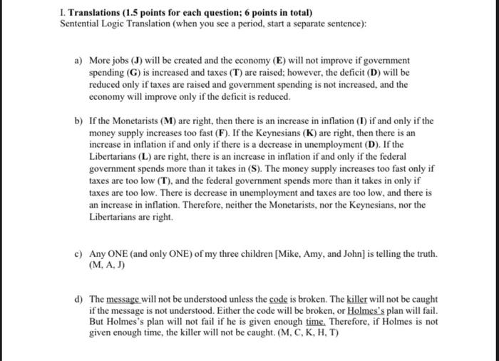 I. Translations (1.5 points for each question; 6 | Chegg.com