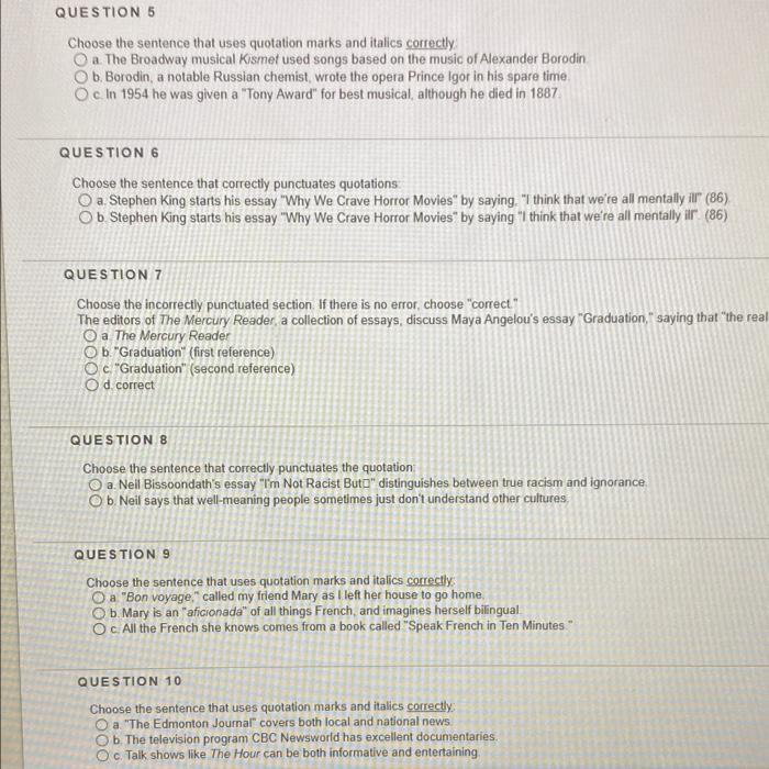 Solved QUESTION 5 Choose the sentence that uses quotation