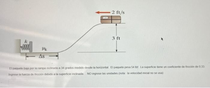 El paquete beje por la rampe incinada a 34 grados meddo desde la horzontal El paquete pesa 54 bf La supertice tene un confioe