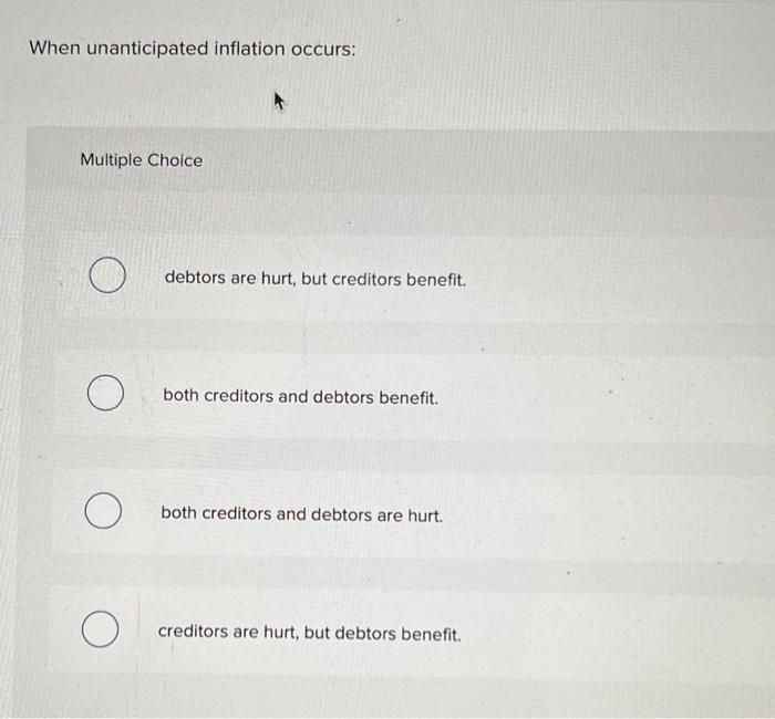 Solved When unanticipated inflation occurs: Multiple Choice | Chegg.com