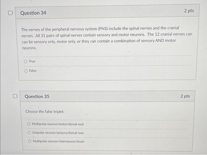 Solved D 2 pts Question 34 The nerves of the peripheral | Chegg.com