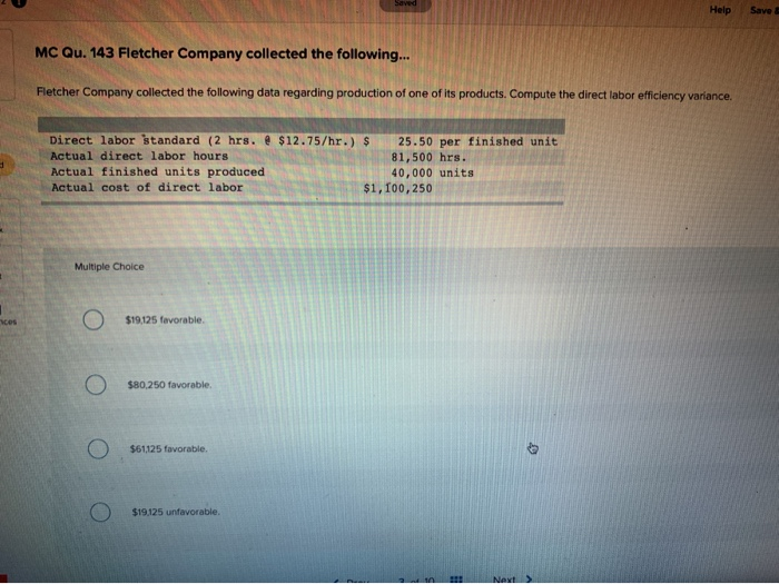 Solved Saved Help Save & MC Qu. 143 Fletcher Company