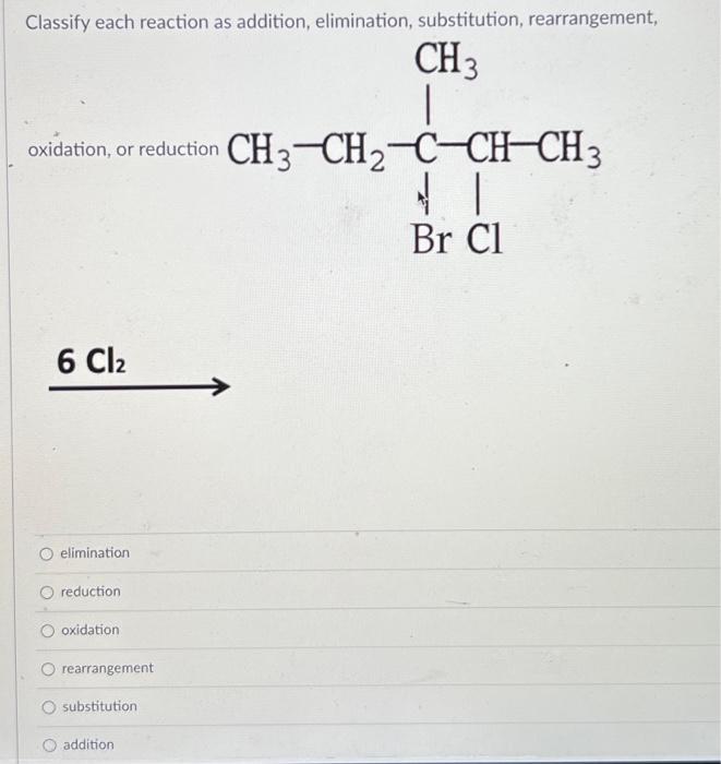 Solved Classify each reaction as addition, elimination, | Chegg.com