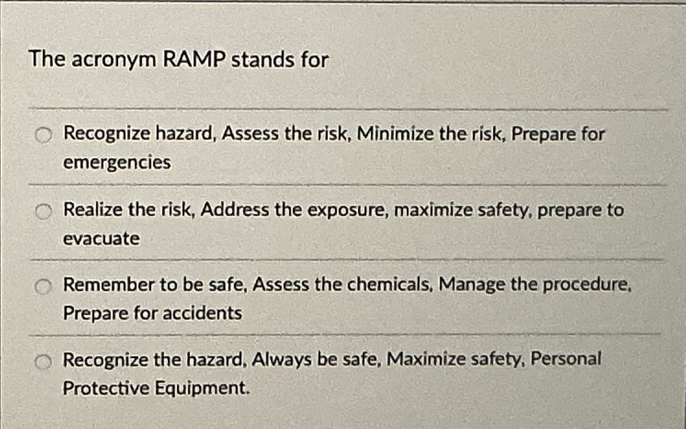 The acronym RAMP stands forRecognize hazard, Assess | Chegg.com