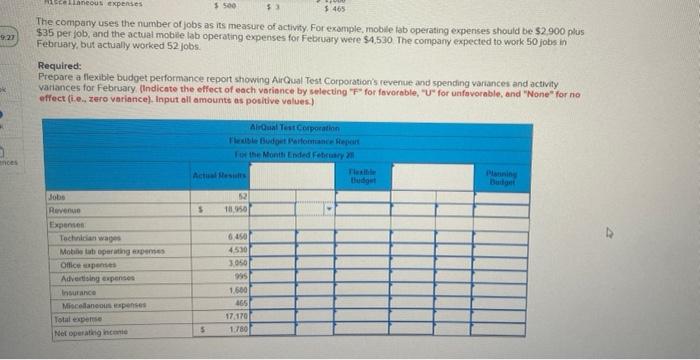 The company uses the number of jobs as its measure of activity. For example, moble tab operating expenses should be \( \$ 2,9
