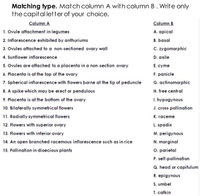 Solved Matching Type. Match Column A With Column B. Write | Chegg.com