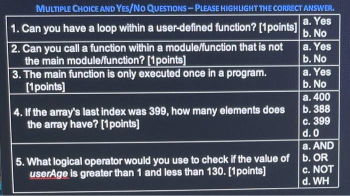 Solved MULTIPLE CHOICE AND YES/NO QUESTIONS - PLEASE | Chegg.com