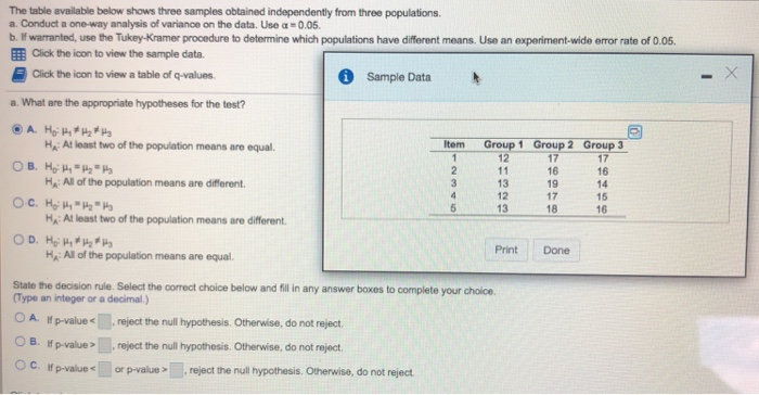 Solved The table available below shows three samples | Chegg.com