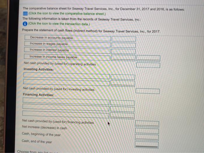 Solved The comparative balance sheet for Seaway Travel | Chegg.com