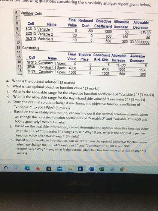 Solved questions considering the sensitivity analysis report | Chegg.com