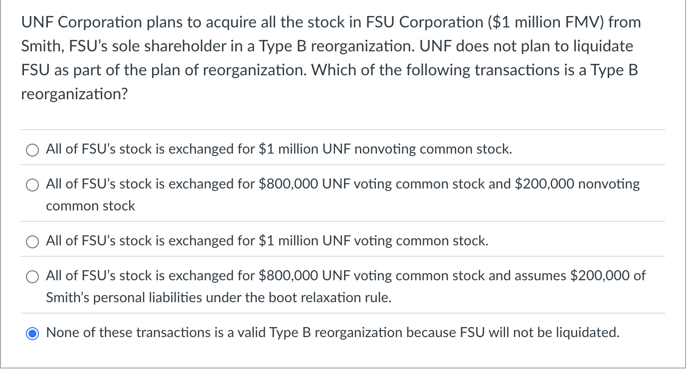 Solved UNF Corporation plans to acquire all the stock in FSU | Chegg.com