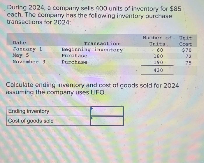 Solved During 2024 A Company Sells 400 Units Of Inventory Chegg Com   Image