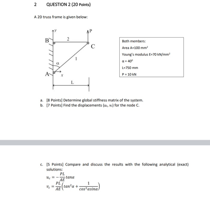 Solved 2 QUESTION 2 (20 Points) A 2D Truss Frame Is Given | Chegg.com