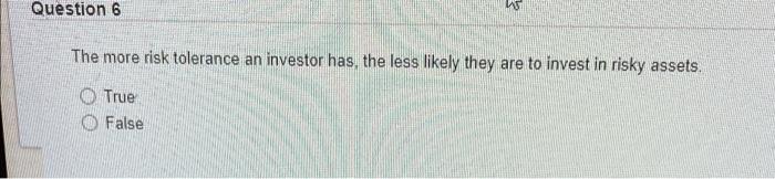 Solved 1 Question 6 The More Risk Tolerance An Investor | Chegg.com