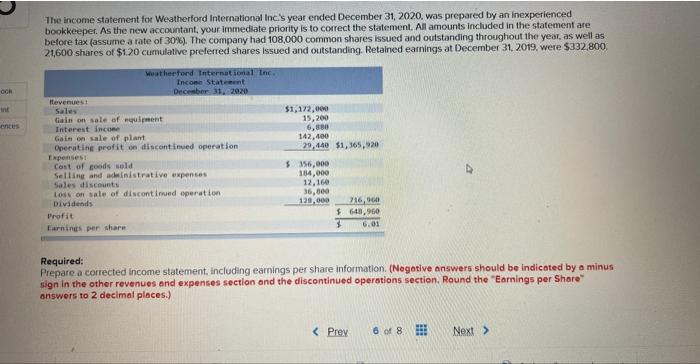 Solved OOK inf ences The income statement for Weatherford | Chegg.com