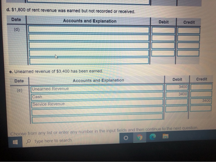 Solved d. 1,800 of rent revenue was earned but not recorded