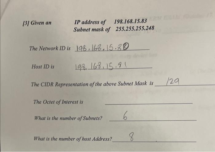 Solved IP address of 198.168.15.83 Subnet mask of | Chegg.com