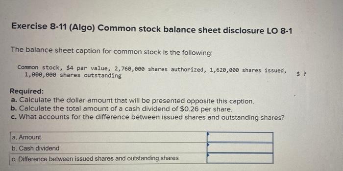 Solved Exercise 8-11 (Algo) Common stock balance sheet | Chegg.com