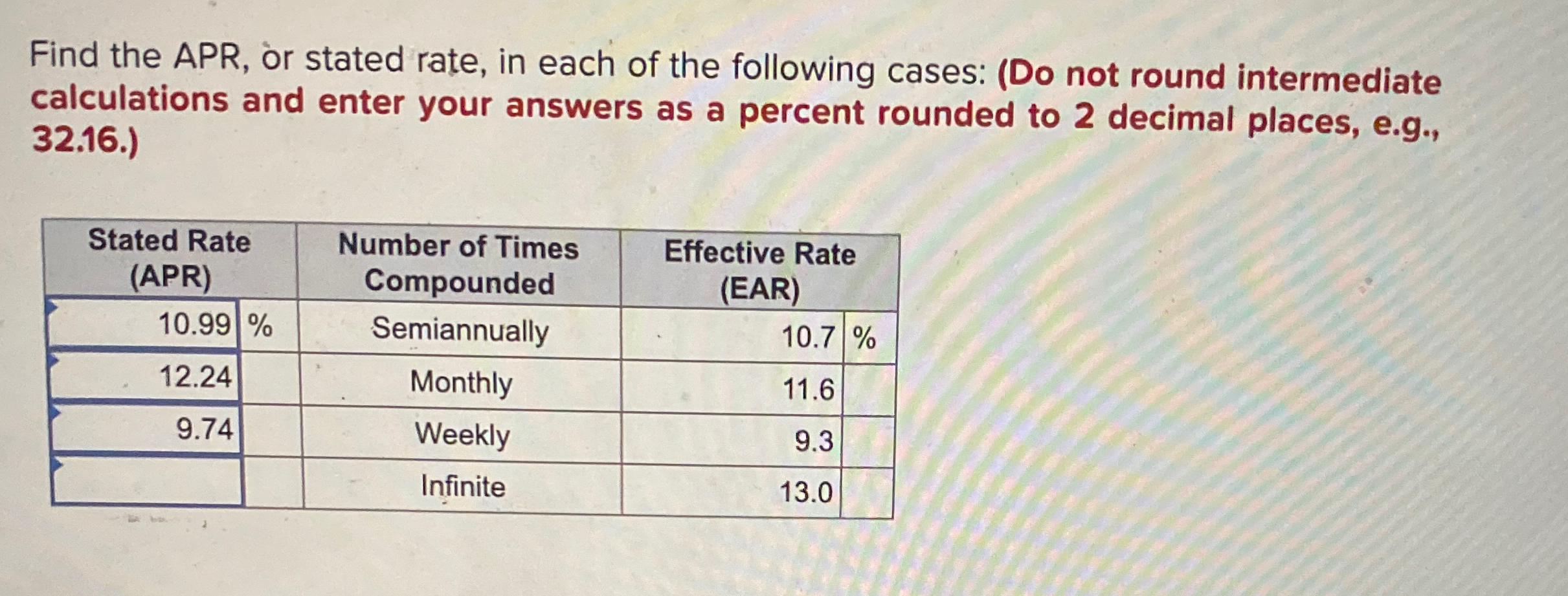 Solved Find the APR, or stated rate, in each of the | Chegg.com