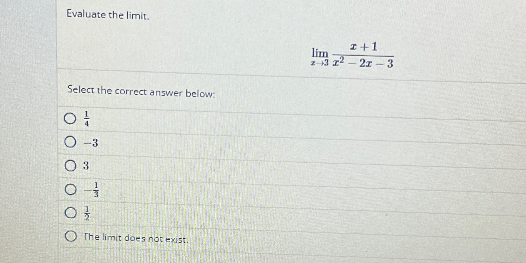 Solved Evaluate The Limit Limx→3x 1x2 2x 3select The Correct