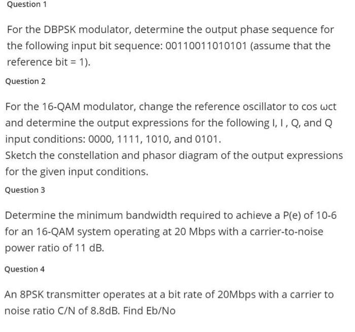 Solved Question 1For the DBPSK modulator, determine the | Chegg.com