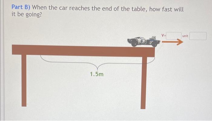 Part B) When the car reaches the end of the table, how fast will it be going?