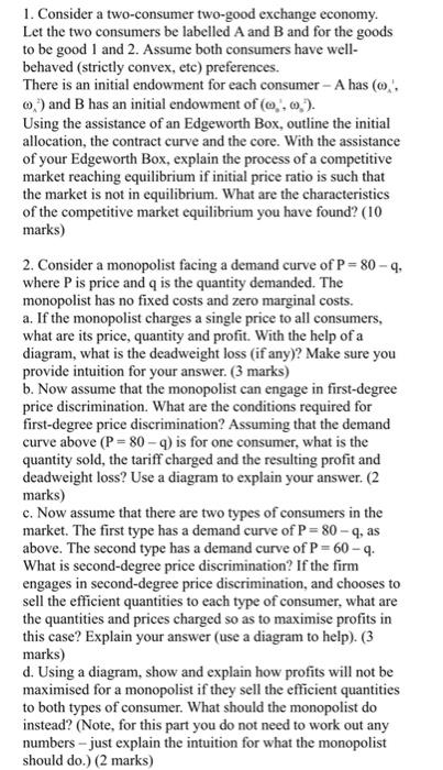 Solved 1. Consider A Two-consumer Two-good Exchange Economy. | Chegg.com