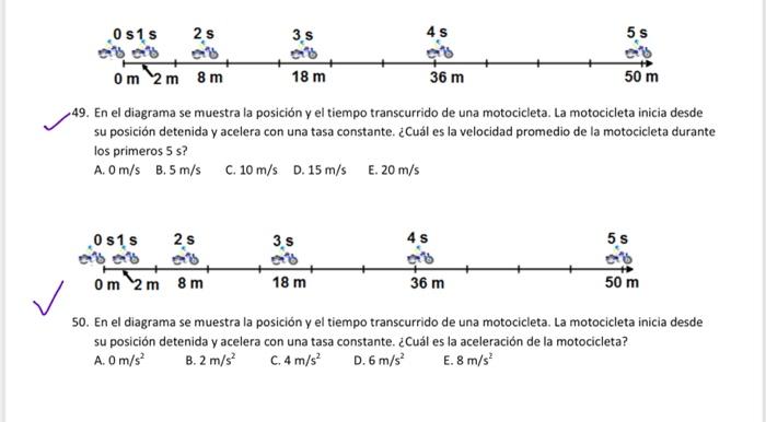 49. En el diagrama se muestra la posición y el tiempo transcurrido de una motocicleta. La motocicleta inicia desde su posició