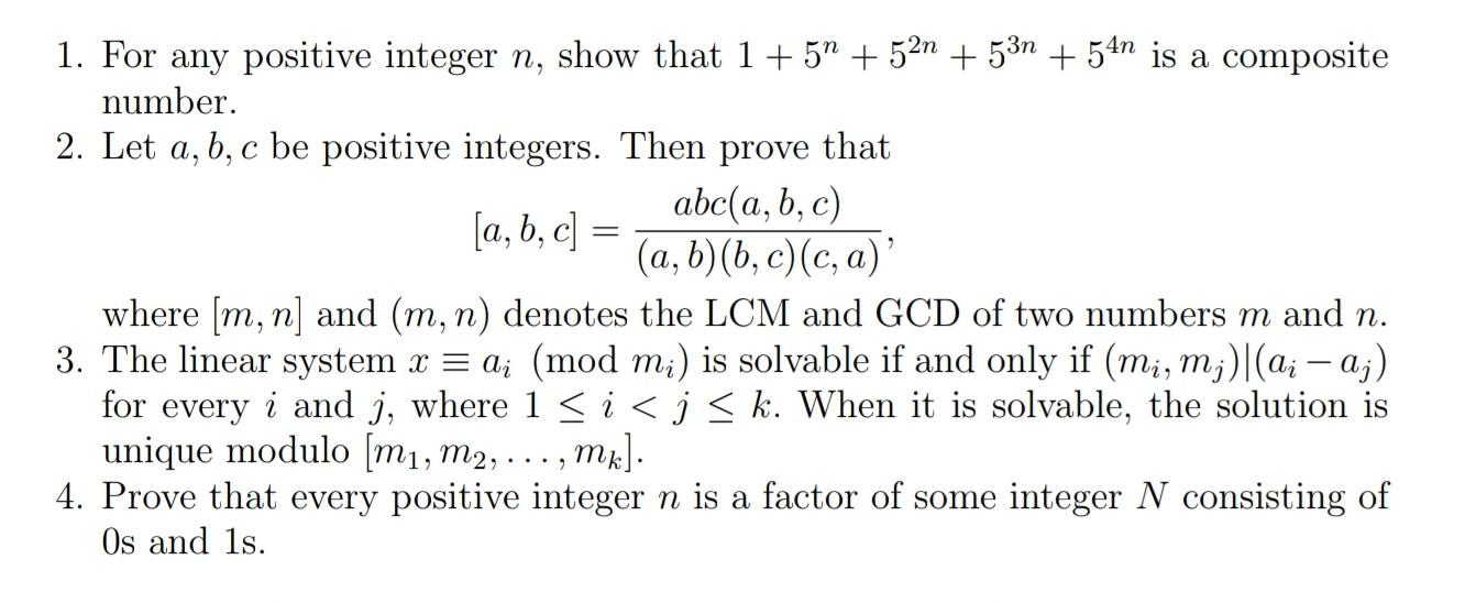 Solved 2 1. For any positive integer n, show that 1+5” + 52n | Chegg.com