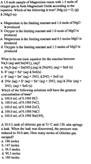 Solved A 1.0 mole sample of Magnesium reacts with 1.5 mole | Chegg.com