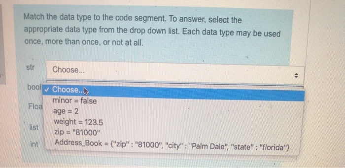 Solved Match the data type to the code segment. To answer, | Chegg.com