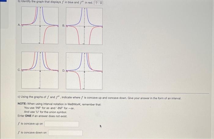 Solved b) ldentify the graph that displays f in blue and f′′ | Chegg.com