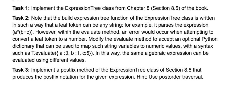 Solved Task 1: Implement the Expression Tree class from | Chegg.com