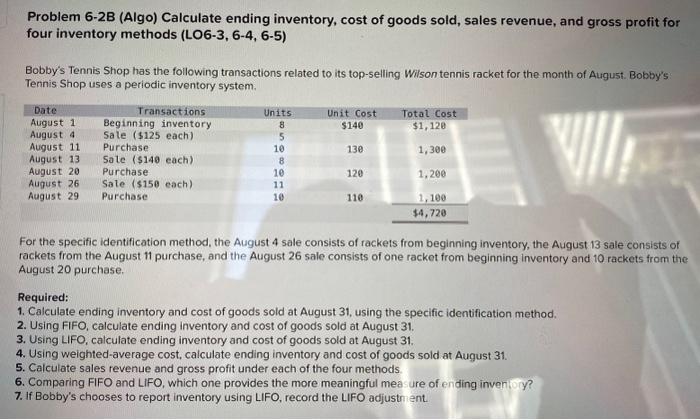 Solved Problem 6-2B (Algo) Calculate ending inventory, cost | Chegg.com