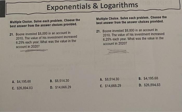 Solved Multiple Choice. Solve each problem. Choose the best | Chegg.com