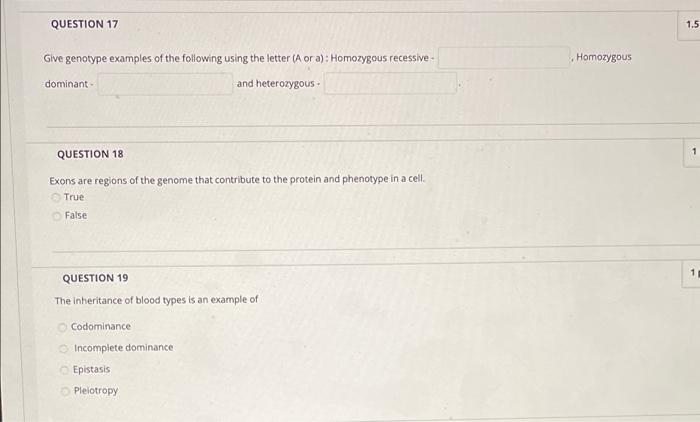 Solved QUESTION 17 1.5 Give genotype examples of the | Chegg.com