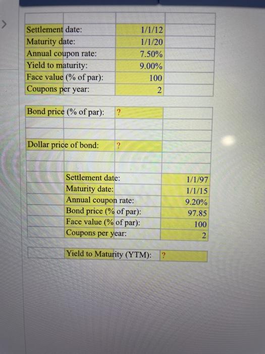 Solved Settlement date Maturity date Annual coupon rate