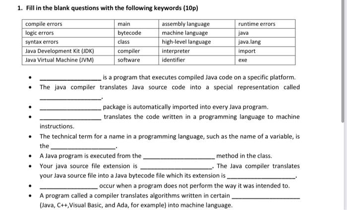 Solved 1 fill in the blank questions with the following chegg
